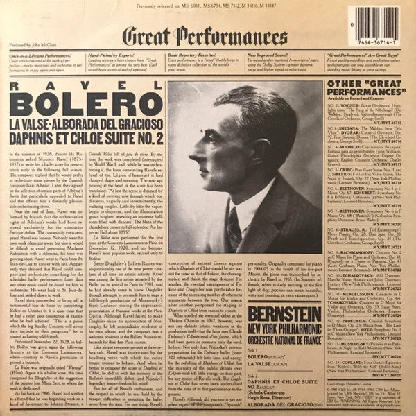Ravel* - Bernstein*, New York Philharmonic, Orchestre National De France : Bolero / La Valse / Alborada Del Gracioso / Daphnis Et Chloe Suite No. 2 (LP, Comp, RE, RM)