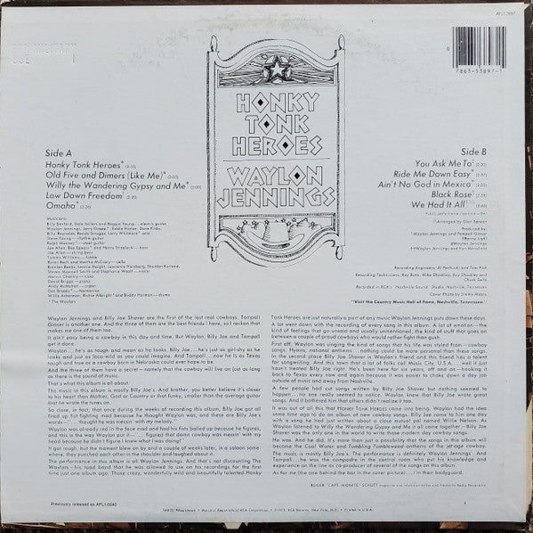 Waylon Jennings : Honky Tonk Heroes (LP, Album, RE, Ind)