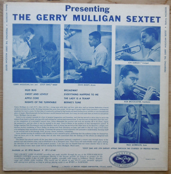 Gerry Mulligan And His Sextet : Presenting The Gerry Mulligan Sextet (LP, Album, Mono, Blu)