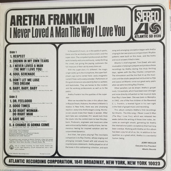 Aretha Franklin : I Never Loved A Man The Way I Love You (LP, Album, Pit)