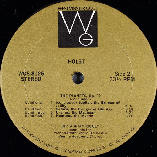 Gustav Holst / Sir Adrian Boult / Orchester Der Wiener Staatsoper And Wiener Akademie Kammerchor : The Planets (LP)