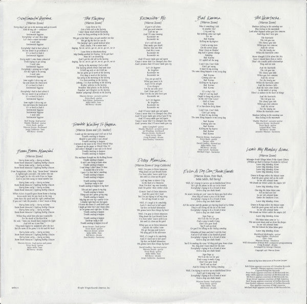 Warren Zevon : Sentimental Hygiene (LP, Album, Spe)