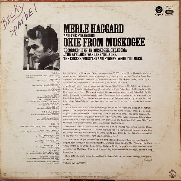 Merle Haggard And The Strangers (5) : Okie From Muskogee (Recorded "Live" In Muskogee, Oklahoma) (LP, Album, Jac)