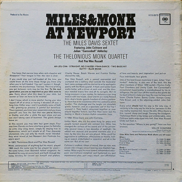 The Miles Davis Sextet & The Thelonious Monk Quartet : Miles & Monk At Newport (LP, Album, RE, Ter)
