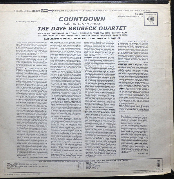 The Dave Brubeck Quartet : Countdown: Time In Outer Space (LP, Album, RE, Pit)