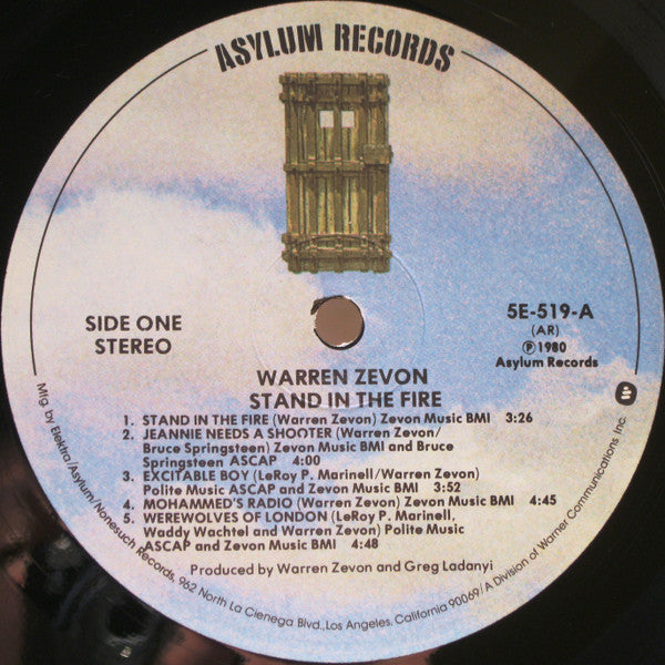 Warren Zevon : Stand In The Fire (Recorded Live At The Roxy) (LP, Album, AR )