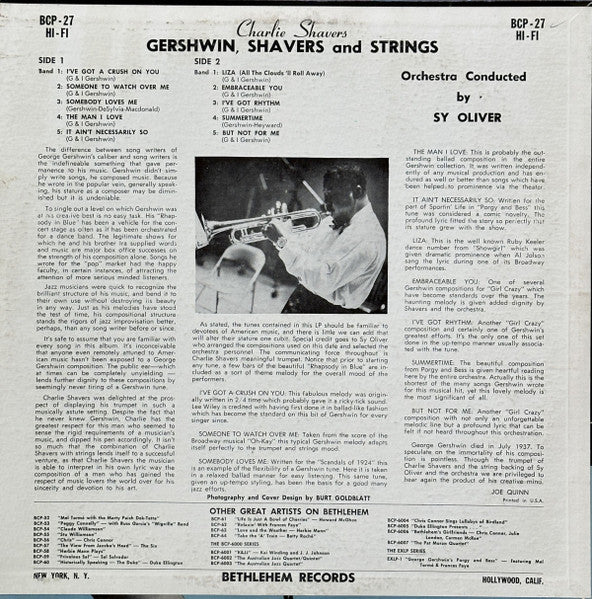Charlie Shavers : Gershwin, Shavers And Strings (LP, Album, Mono)