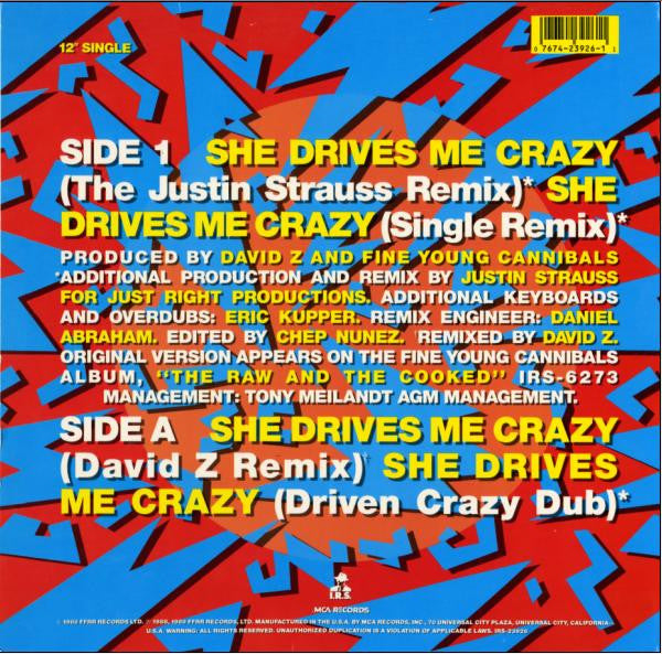 Fine Young Cannibals : She Drives Me Crazy (12", Single, Pin)