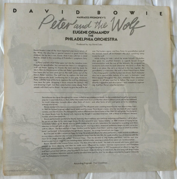 David Bowie Narrates Prokofiev* / Eugene Ormandy & The Philadelphia Orchestra Perform Britten* : Peter And The Wolf / Young Person's Guide To The Orchestra (LP, Album)