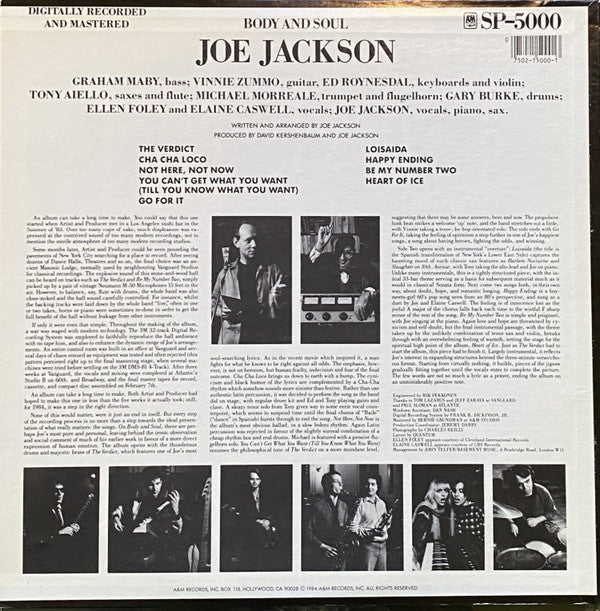 Joe Jackson : Body And Soul (LP, Album, RE, Ind)