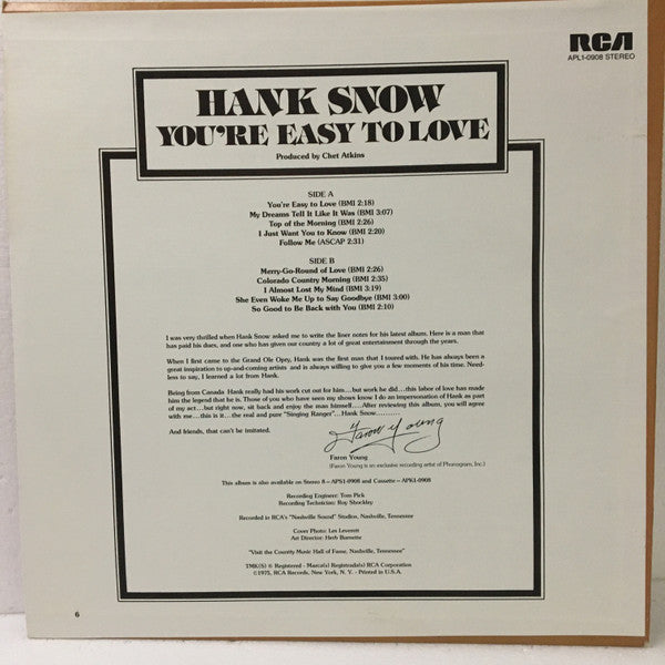 Hank Snow : You're Easy To Love (LP, Album)