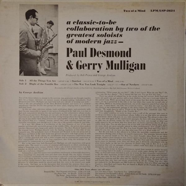 Paul Desmond & Gerry Mulligan : Two Of A Mind (LP, Album, Mono)