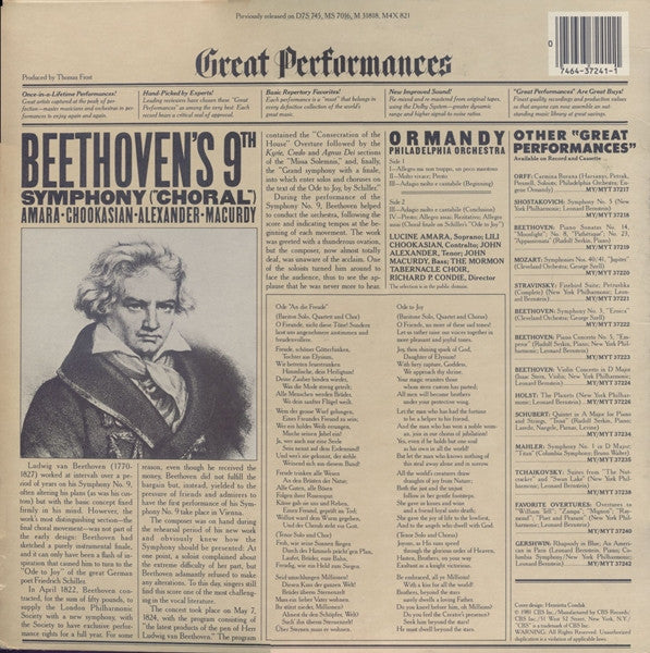 Beethoven*, Amara*, Chookasian*, Alexander*, Macurdy*, Ormandy*, Philadelphia Orchestra*, Mormon Tabernacle Choir, Richard P.Condie* : Beethoven's 9th Symphony ("Choral") (LP, RE)