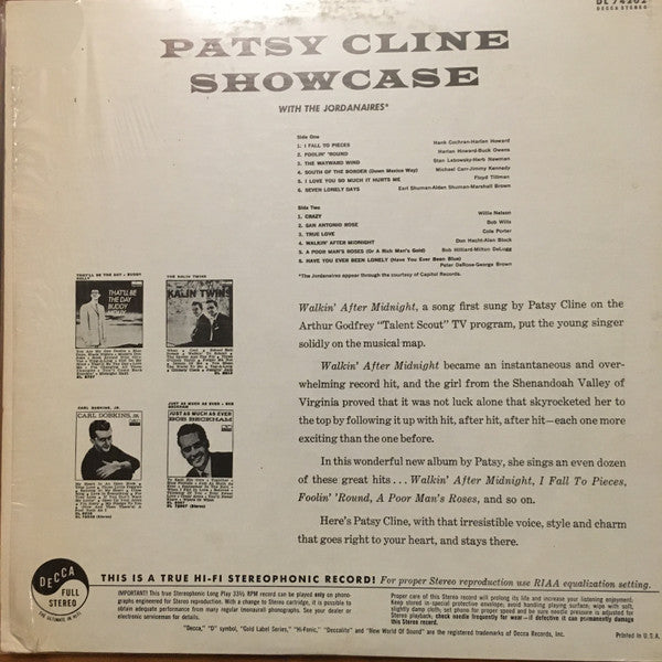 Patsy Cline : Showcase With The Jordanaires (LP, Album, RE, RP, Pin)