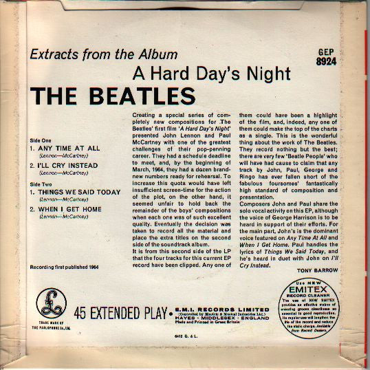 The Beatles : Extracts From The Album A Hard Day's Night (7", EP, Mono, RP)