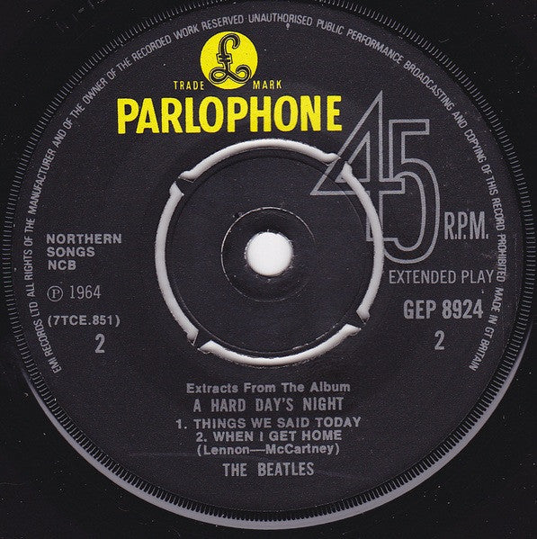 The Beatles : Extracts From The Album A Hard Day's Night (7", EP, Mono, RP)