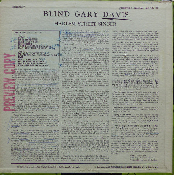 Blind Gary Davis : Harlem Street Singer (LP, Album, Mono)