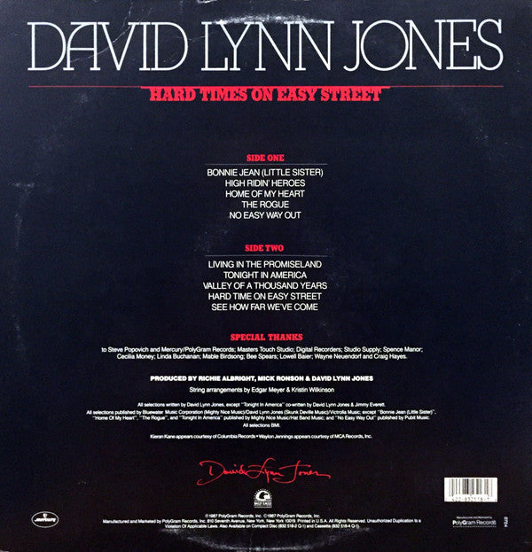 David Lynn Jones : Hard Times On Easy Street (LP, Album)