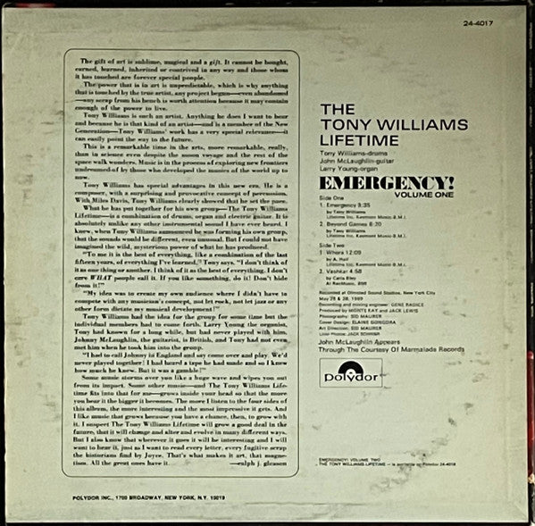 The Tony Williams Lifetime : Emergency! Volume One (LP, Album, Mon)