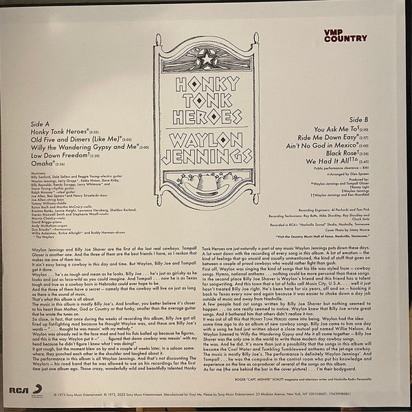 Waylon Jennings : Honky Tonk Heroes (LP, Album, Club, RE, RM, Ora)