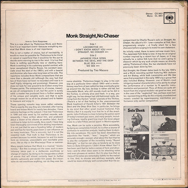 Monk* : Straight, No Chaser (LP, Album, Mono)