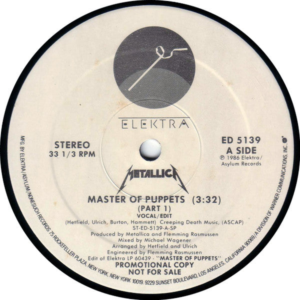 Metallica : Master Of Puppets (12", Single, Promo, SP )