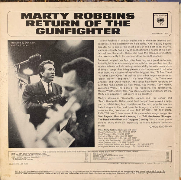 Marty Robbins : The Return Of The Gunfighter (LP, Album, Mono)