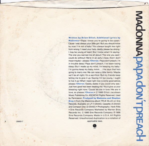 Madonna : Papa Don't Preach (7", Single, Spe)