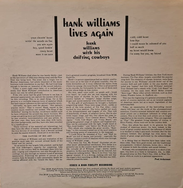 Hank Williams With His Drifting Cowboys : Hank Williams Lives Again (LP, Comp, Mono)