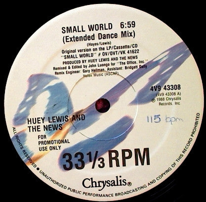 Huey Lewis & The News : Small World (12", Single, Promo)