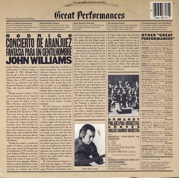 Rodrigo* / John Williams (7) ; Ormandy*, Philadelphia Orchestra* ; Groves*, English Chamber Orchestra : Concierto De Aranjuez / Fantasía Para Un Gentilhombre (LP, Comp)