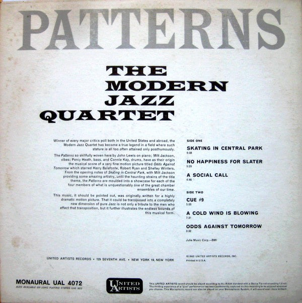 The Modern Jazz Quartet : Patterns (LP, Album, Mono, RE)