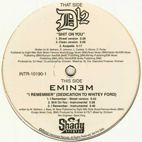 D12 / Eminem : Shit On You / I Remember (Dedication To Whitey Ford) (12", Promo)