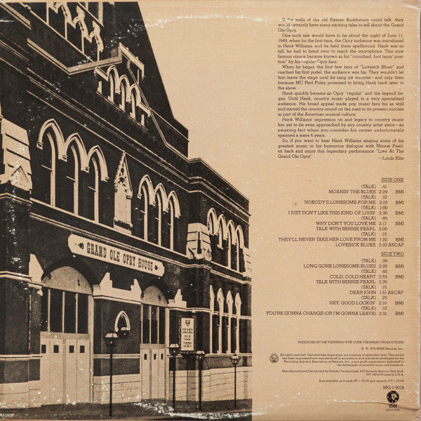 Hank Williams : Live At The Grand Ole Opry (LP, Album)