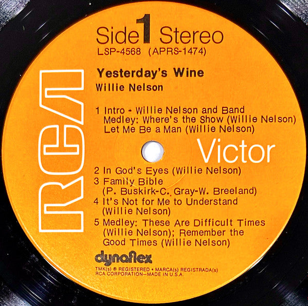 Willie Nelson : Yesterday's Wine (LP, Album, Ind)