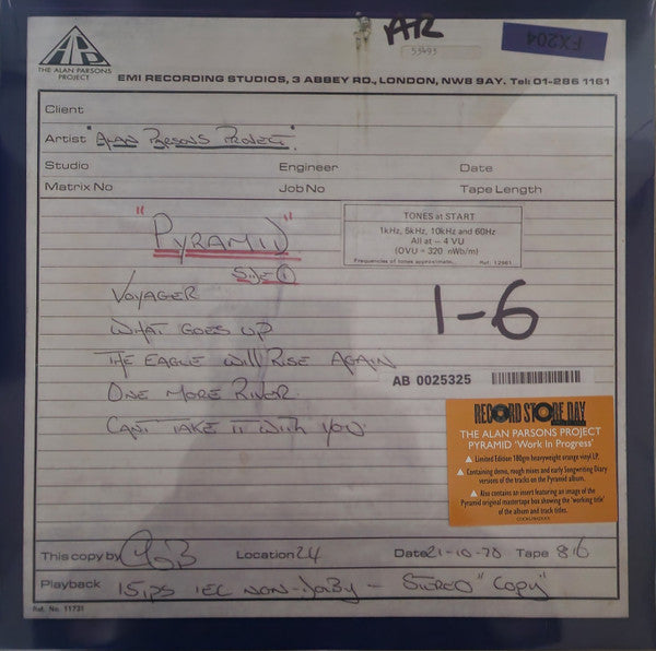 The Alan Parsons Project : Pyramid “Work In Progress” (LP, Album, RSD, Ltd, Ora)