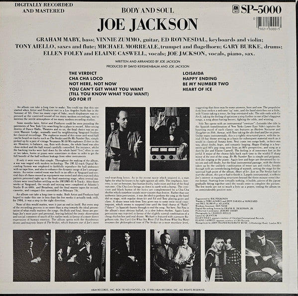 Joe Jackson : Body And Soul (LP, Album, Mon)
