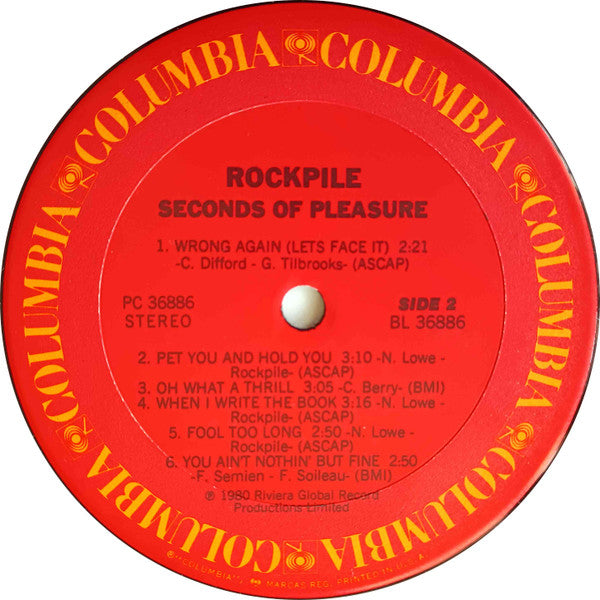 Rockpile : Seconds Of Pleasure (LP, Album, RE, Car)