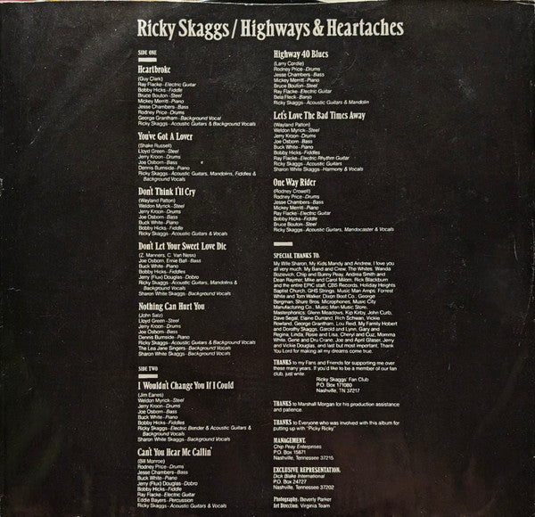 Ricky Skaggs : Highways & Heartaches (LP, Album, Pit)