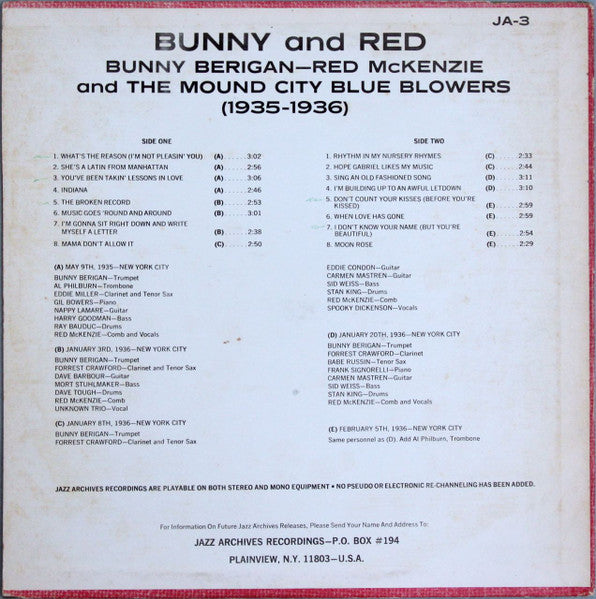 Bunny Berigan - Red McKenzie And The Mound City Blue Blowers : Bunny And Red (LP, Comp, Son)