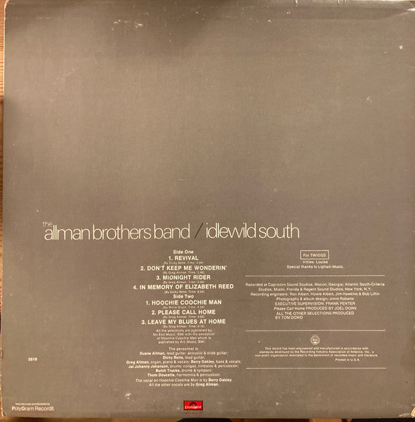 The Allman Brothers Band : Idlewild South (LP, Album, RE, Com)