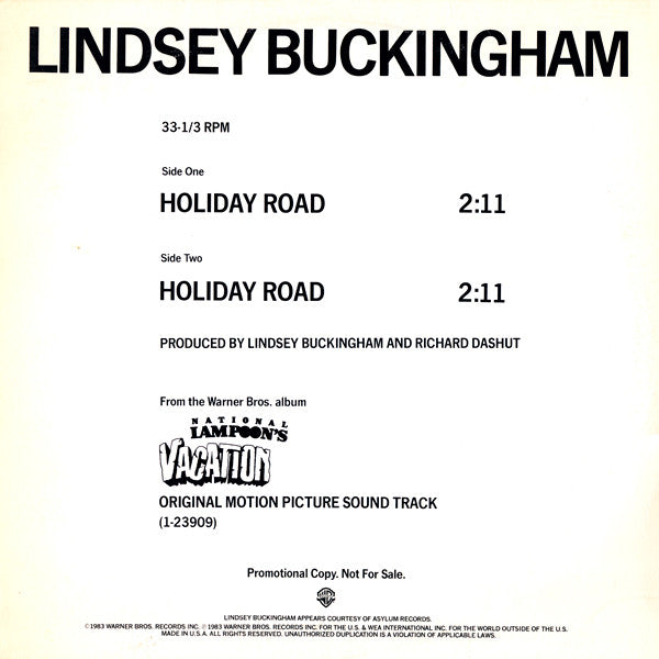 Lindsey Buckingham : Holiday Road (12", Promo)