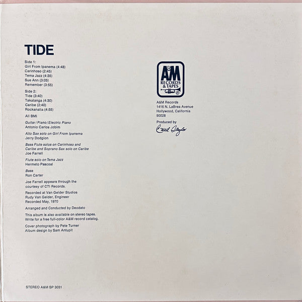 Antonio Carlos Jobim : Tide (LP, Album, RE, Gat)
