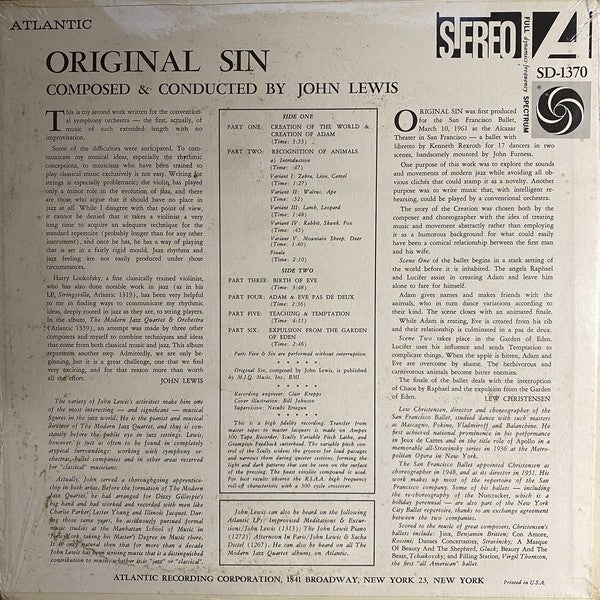 John Lewis (2) : Original Sin: Music For Ballet Composed By John Lewis (LP)