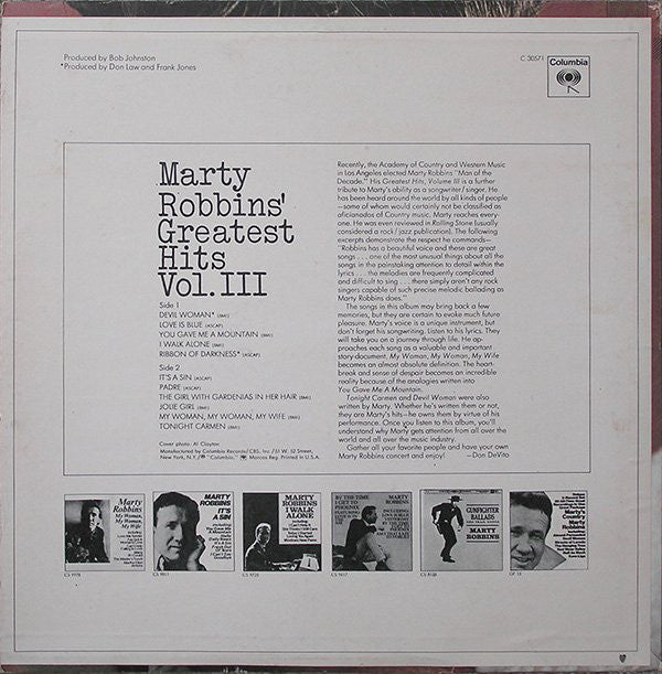Marty Robbins : Marty Robbins' Greatest Hits Vol. III (LP, Comp, Pit)