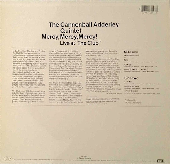 The Cannonball Adderley Quintet : Mercy, Mercy, Mercy! - Live At "The Club" (LP, RE)