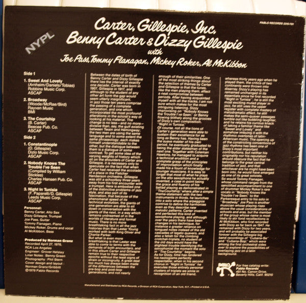 Benny Carter & Dizzy Gillespie : Carter, Gillespie, Inc. (LP, Album, Ind)