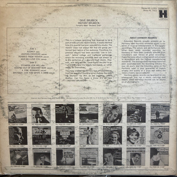 Dave Brubeck : Instant Brubeck (LP, Album, RE, San)