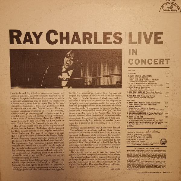 Ray Charles : Ray Charles Live In Concert (LP, Album, Mono, Club, Scr)