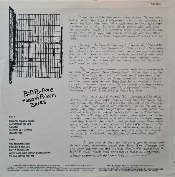 Bobby Bare : Folsom Prison Blues (LP, Album, RE)